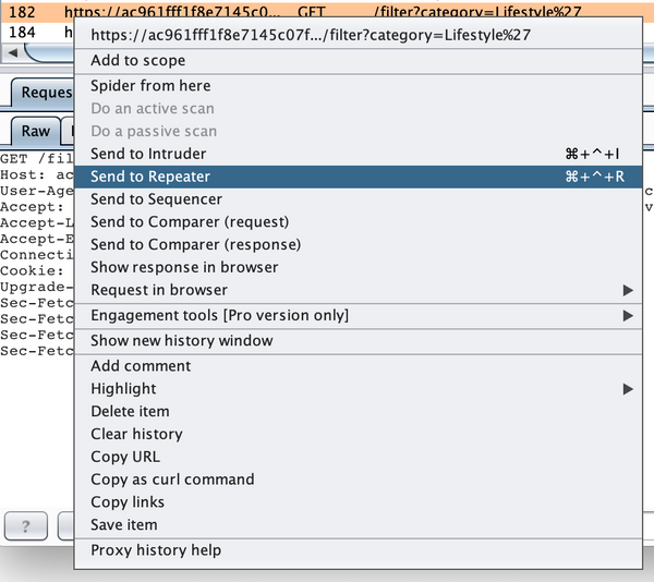 Portswigger sql injection vulnerability in where clause allowing