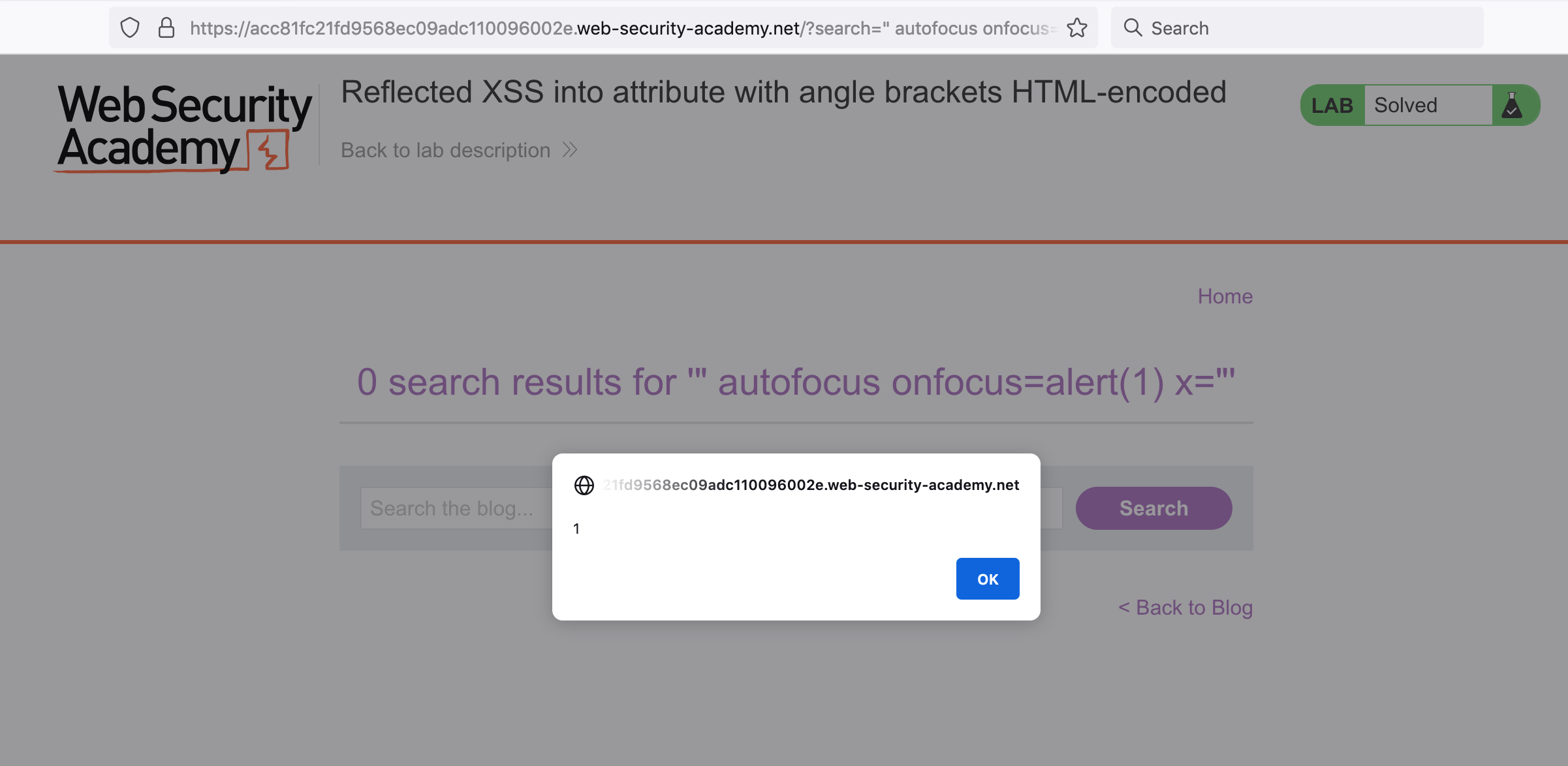 Web Security Academy – Reflected XSS into attribute with angle